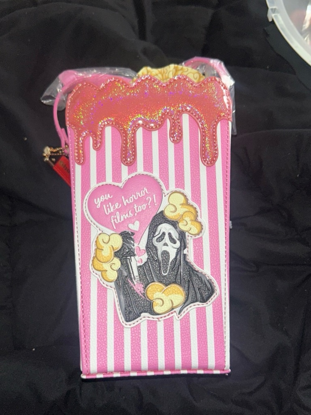 Pink Popcorn-Themed Party Favor Bag with Glitter Drip